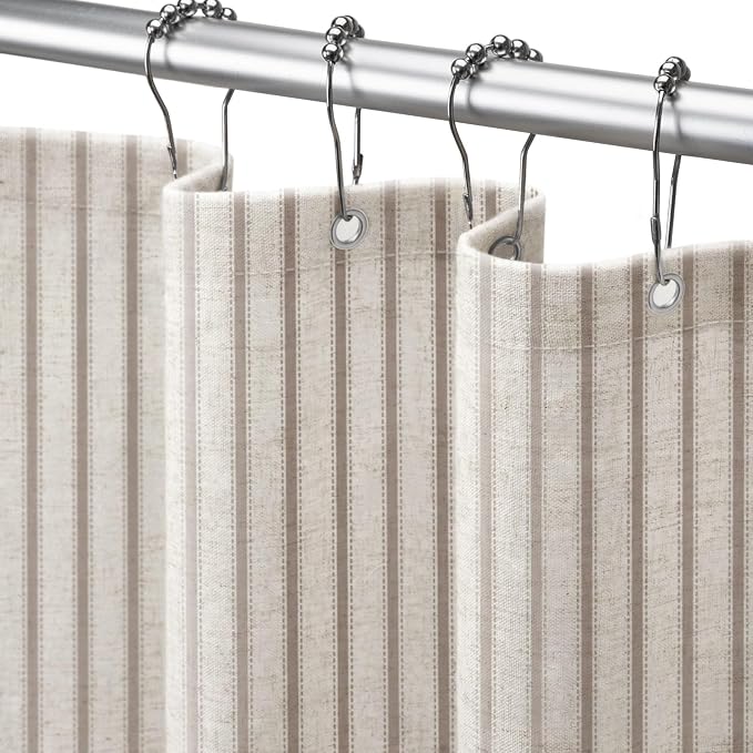Farmhouse Striped Shower Curtain Taupe Vintage Linen Curtain 72"W X 96"L | Striped Shower Curtains with Linen Texture for Bathroom Decor
