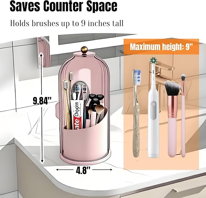 JEESA Dustproof Toothbrush Holder with Cover, Pink | 360° Rotating, 180° Sliding Lid, 3 Slots, Toothbrush Organizer, for Bathroom Countertop