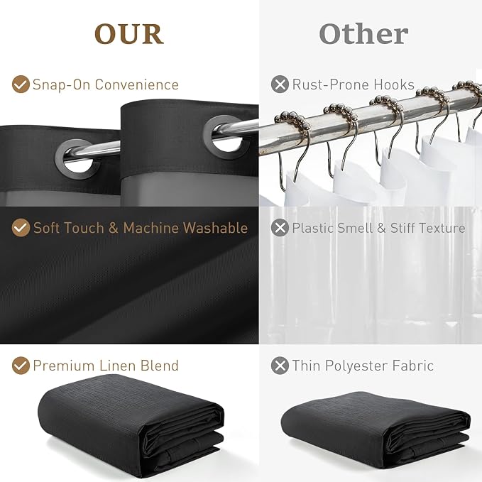 Black Ringless Linen Textured Shower Curtain with Snap in Liner, 72x75 | 3 in 1 Hotel Shower Curtain Set, Removable Liner, Waterproof & Washable, Mesh Top Window, Durable Fabric, Easy to Install