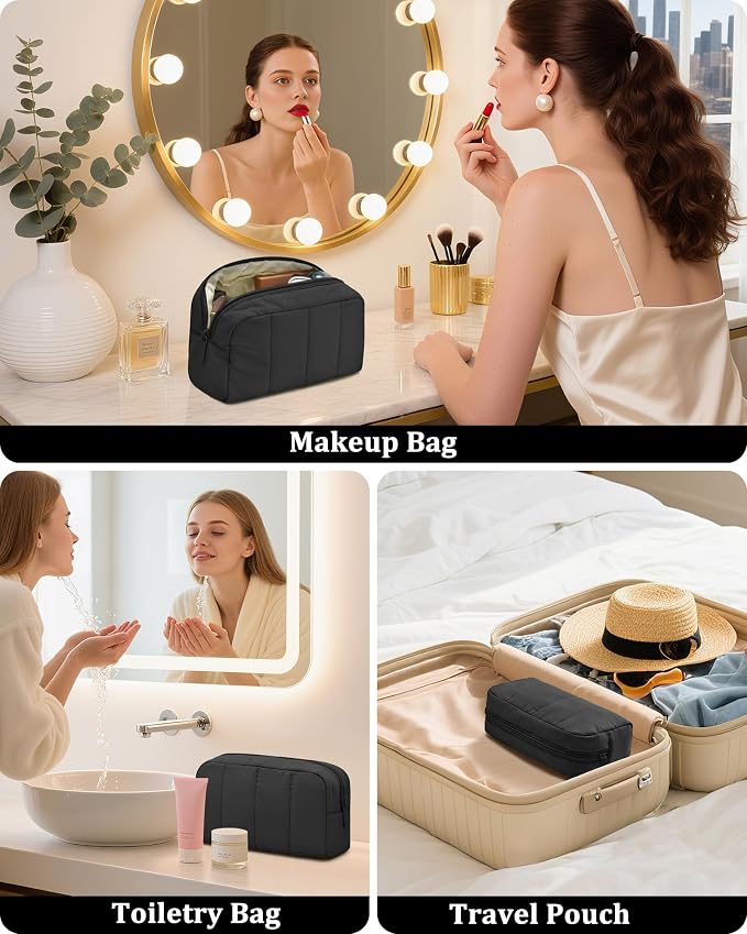 Makeup Bag Cosmetic Bag Travel Toiletry Bag for Women Puffy Padded Cosmetic Pouch Purse Wide-open Makeup Organizer Case Travel Essentials