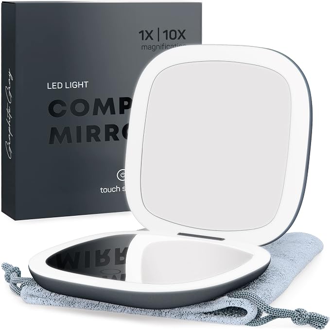 LED Lighted Travel Makeup Mirror 1x/10x, USB-C Rechargeable(Graphite Grey)