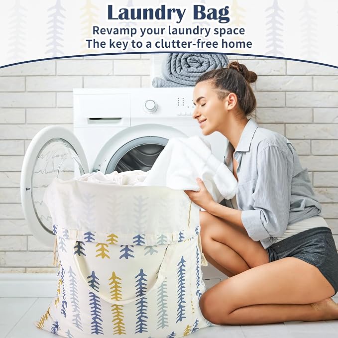Thick Canvas Laundry Bag with Handles & Drawstring 30"Wx35"H, L+ Fishbone | Large Heavy Duty Canvas Storage Bag, Washable Dirty Clothes Travel Sack, for Camp, College Dorm, Laundromat