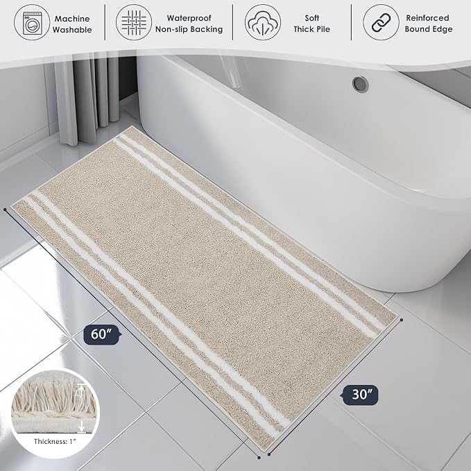 PURRUGS Bathroom Rug, Bath Mat, 30" x 60", Beige | Machine Washable, Non-Slip, Waterproof TPR Backing, Super Absorbent, Quick Dry, Bath Rug for Shower, Bathtub, and Sink