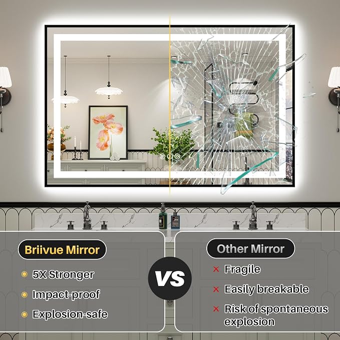 40x36 Inch LED Bathroom Mirror with Black Frame, Backlit & Front Lit | Anti-fog, 3 Color Dimmable, Memory Function, HD Reflection Tempered Glass, ETL Listed, IP54 Waterproof
