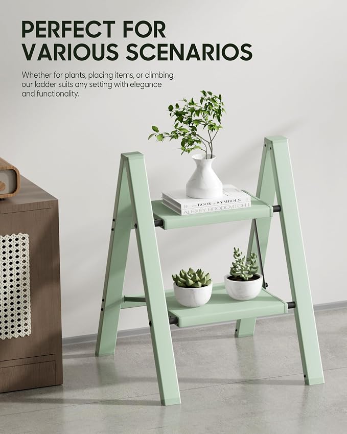 HillhutApex Aluminum Step Stool Foldable,2 Step Ladder (Pale Green) | Lightweight Portable step ladder with Anti-Slip Wide Pedal,330lbs Capacity Ladder for Household,Office,Kitchen