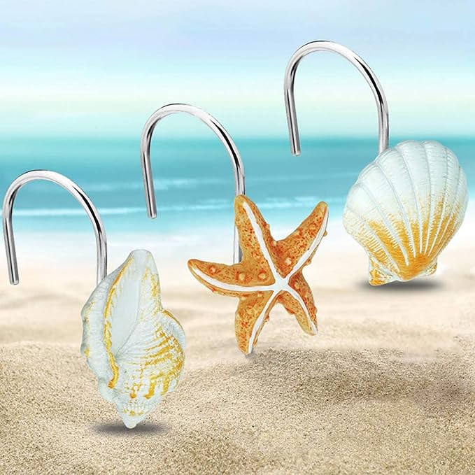 Seashell Shower Curtain Hooks 12pcs Beach Shower Curtain Rings Bath Shower Hooks Rust Proof Curtain Hangers Coastal Bathroom Accessories Decor