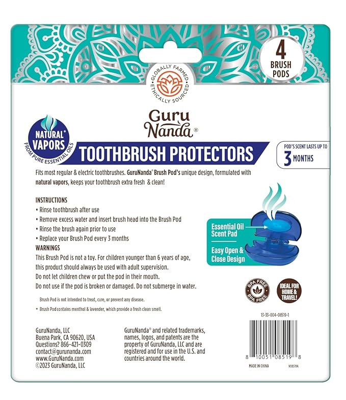 GuruNanda Brush Pods - Toothbrush Cover for Manual & Electric Toothbrush, Keeps Toothbrush Fresh & Clean, Travel Accessories with Natural Essential Oil Vapors, 8 Pack