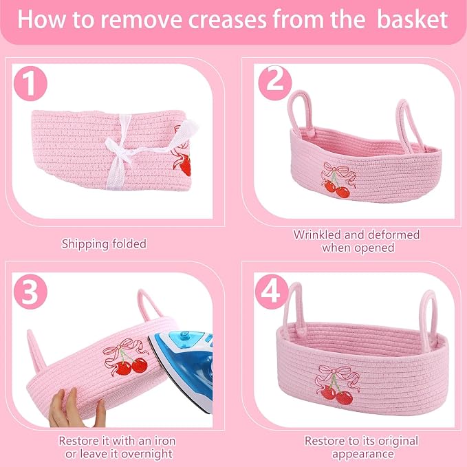 Vesici Cherry Basket Pink Cotton Rope Bathroom Organizer with Handles | Cherry Bow Embroidery, Toilet Paper Holder for Countertop Sink, Storage for Bathroom Essentials, Nursery Bedroom