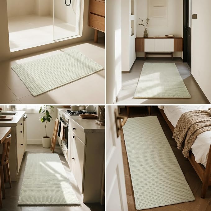 Triohero Cream White Waffle Runner Rug Bathroom, Long Boho Bath Mat, 24x72 | Super Absorbent Quick Dry Bath Rug, Non-Slip Backing, Soft Waffle Washable Farmhouse Bathroom Mats, Tub, Shower & Home Decor