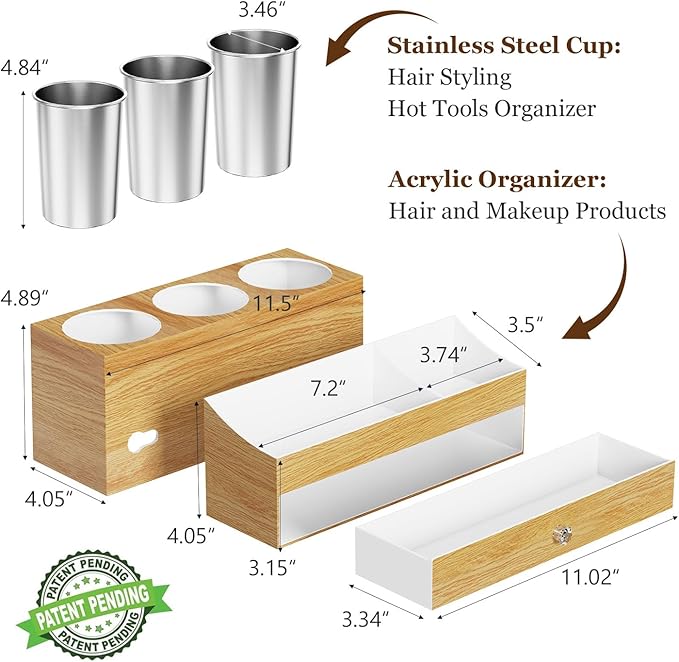 GFWARE Hot Hair Styling Tool Organizer with Drawer & 3 Cooling Cups, Wood | Hair Accessories Bathroom Vanity Storage, Hair Dryer, Blow Dryer, Curling Iron, Flat Iron, Hot Tools Cooling, Wood-Look