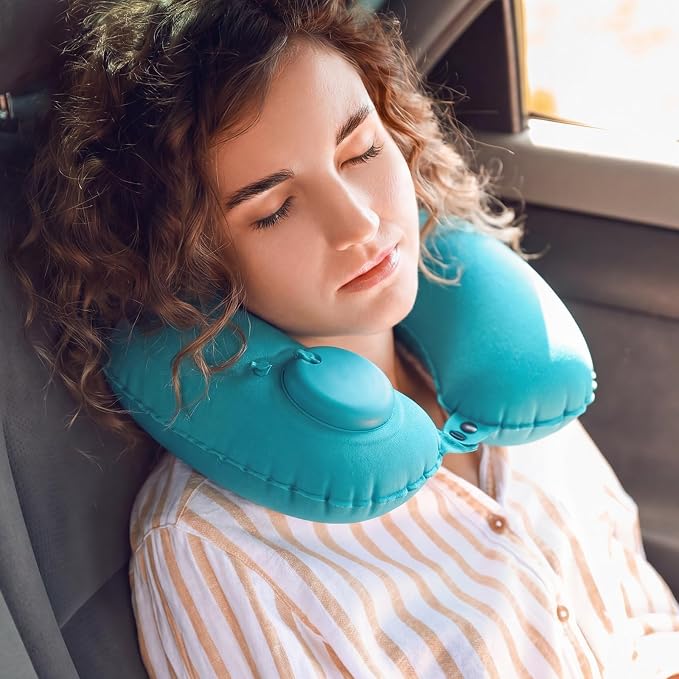 Colingmill 2 Pcs Inflatable Bath Pillows for Tub, U-Shaped Neck & Head Support Cushion, Portable Blow Up Travel Neck Pillow with Adjustable Button for Airplanes & Home Spa(Peacock Blue, Royal Blue)