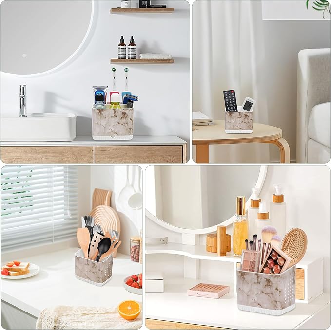 Toothbrush Holders, Toothbrush and Toothpaste Holder (White Marble) | EasyTo Clean, Drainage, Removable, Non-Slip, 4 Slots Tooth Brush Holder for Bathroom Countertop Organizer