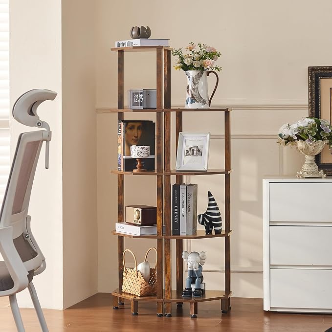 YUFAM 4-Tier Corner Shelf, Brown | Wooden Corner Bookshelf for Small Spaces, Corner Standing Shelf with Sturdy 5-Leg Base