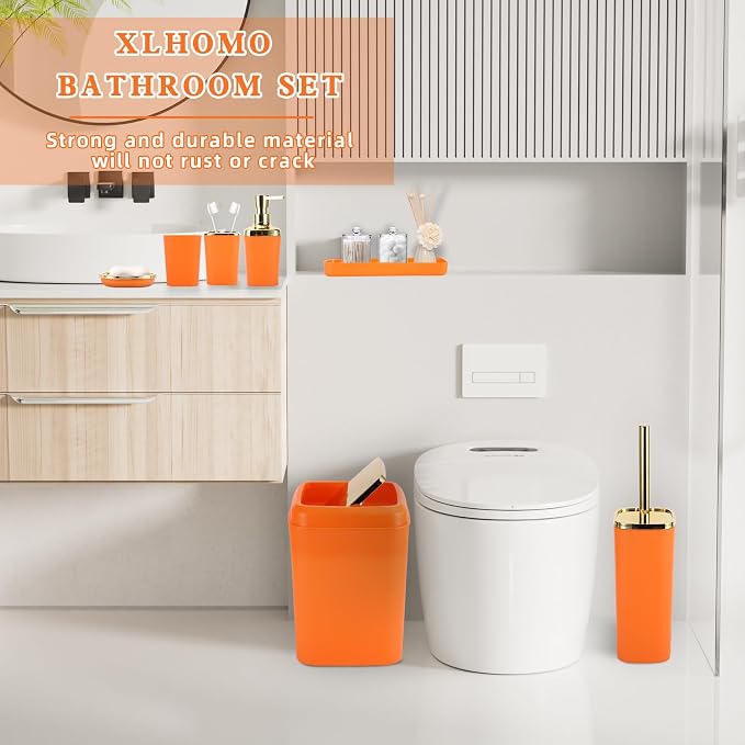 XLHOMO Bathroom Set - Orange and Gold Bathroom Accessories, Bathroom Sets with Shower Curtain and Rugs, Orange Shower Curtain Set with Bathroom Trash Can, Soap Dispenser, Soap Dish for Home Decor