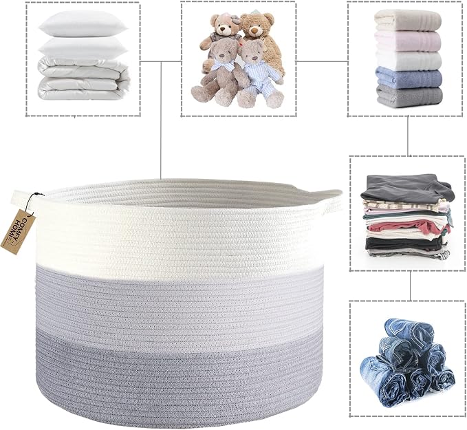 COMFY-HOMI XXXL Large Laundry Basket, Cotton Rope Nursery Woven Basket for Storage, Blanket Baskets Living Room Laundry Hamper, Dog Toy Storage Organizer, Home Decor