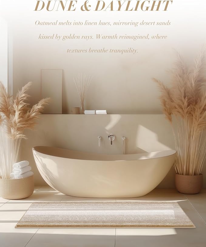 Chenille Bathroom Rugs, 20 x 47 Inches Non Slip Absorbent Bath Mat, Soft Shaggy Shower Bath Floor Mats for Bathroom, Machine Washable(Beige)