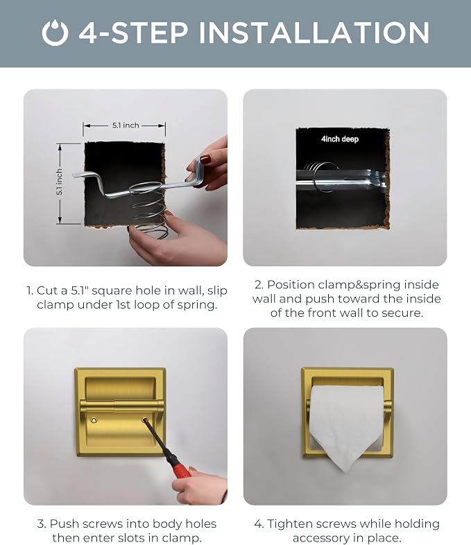 FORIOUS Recessed Toilet Paper Holder for Mega Rolls, Brushed Gold | Stainless Steel Tissue Roll Holder Wall Mount for Bathroom Space-Saving Design, in Wall Toilet Paper Dispenser Insert