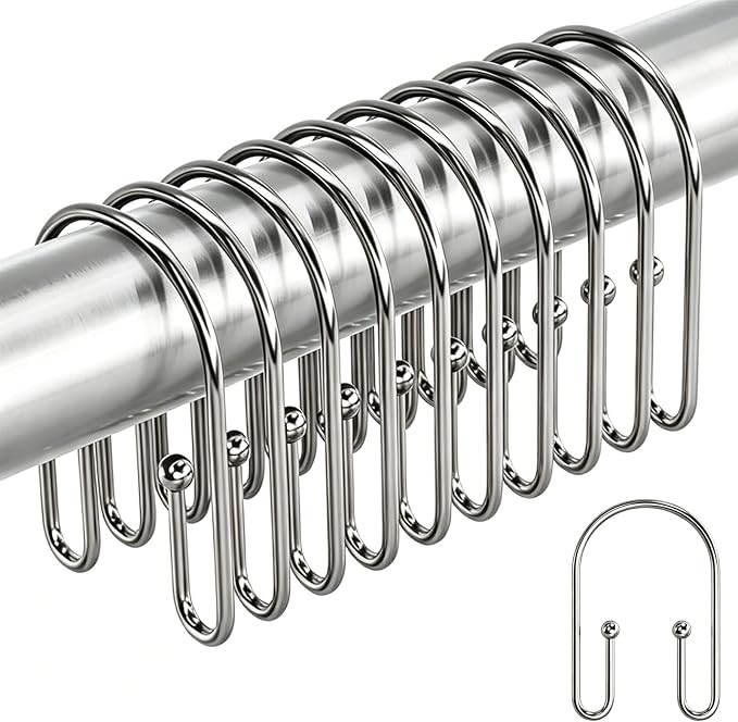 BBV Shower Curtain Hooks Rings, 12 Pcs Rust Resistant Metal Double Glide Shower Hooks for Bathroom Shower Rods Curtains (Nickel)