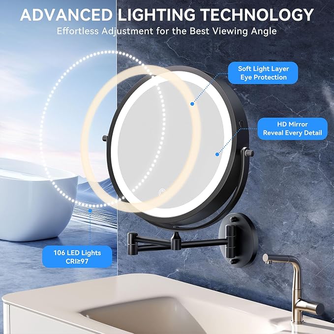 Auxmir 9โณ 5000mAh 1X/30X Wall Mounted Lighted Magnifying Makeup Mirror | Power Adapter&2 Tweezers Included/ 3 Dimmable Colors/ Dual Sided Button Control/ Rechargeable/ 360ยฐ Rotation Extended Arm