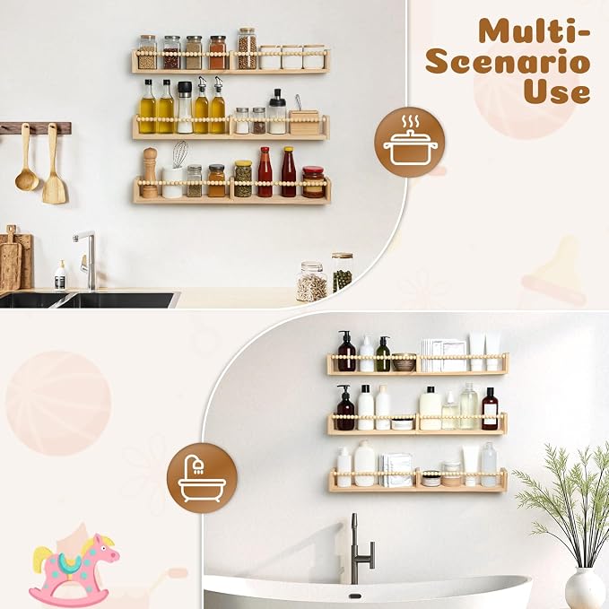 32 Inch Floating Shelf with Wooden Bead Design - Solid Pine Wall Mounted Bookshelf, Child-Safe Nursery Storage for Kids Room Decor, Set of 3(Pre-Strung Bead Strings)