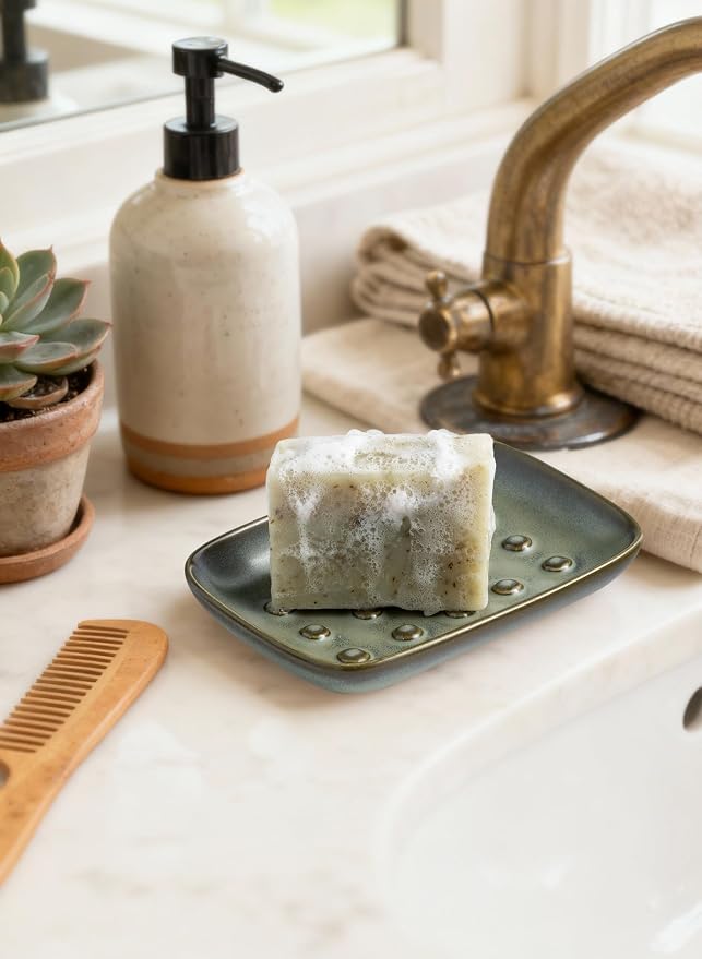 Miamolo Bar Soap Holder, Ceramic Soap Dish for Bathroom, Keep Soap Dry | Raised Ridges Extends Bar Life | Weighted Soap Tray, Non-Slip | for Kitchen Sink Bathtub Shower, Dishwasher Safe, Dark Green