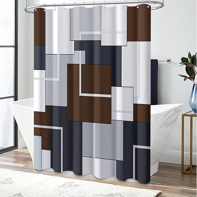 72 x 78 Long Modern Geometric Waterproof Fabric Shower Curtain, Brown | Tall Size, Premium Polyester, Weighted Hem, 12 Plastic Hook, Vibrant Color, Wrinkle-resistant, Quick-Dry, Machine Washable