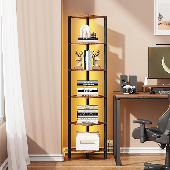 TUTOTAK Corner Shelf with LED Light, 6-Tier Corner Bookshelf | for Small Space, Narrow Display Corner Shelf Stand with Storage Rack, for Living Room, Bedroom, Rustic Brown BS08BB006L