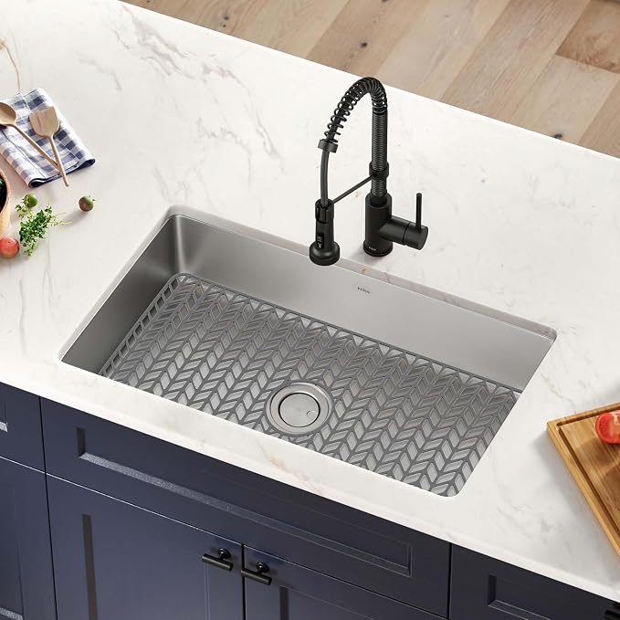 GUUKIN Sink Protectors for Kitchen Mat - 29.7“x15.5” Silicone Kitchen Sink Mat Grid for Bottom of Farmhouse Stainless Steel Porcelain with Center Drain(Grey)