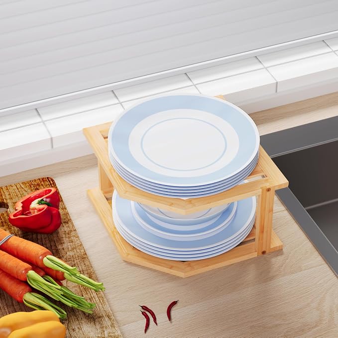 VERTORGAN 2 Tier Bamboo Dish Drying Rack,Corner Shelf 2 Pack | Pantry Storage,Dish Rack,Spice Rack,Corner Organizer,Kitchen Counter Shelves,Kitchen Storage,Holds Plates