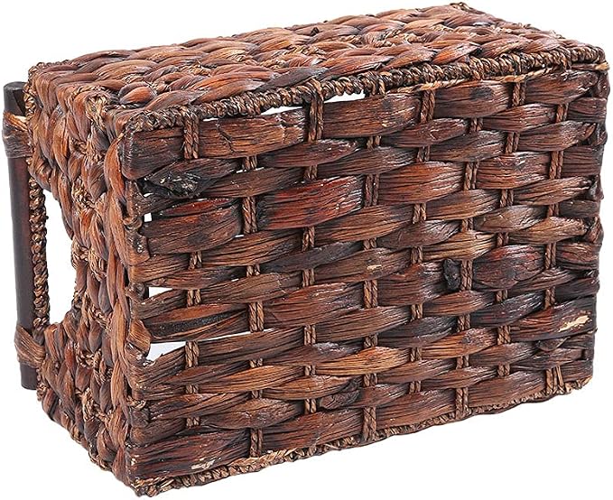 Water Hyacinth Wicker Storage Basket with Wood Handles, Large | Rectangular dark brown woven rattan basket, for shelves, kitchen countertops, closet, holds magazines, toilet paper