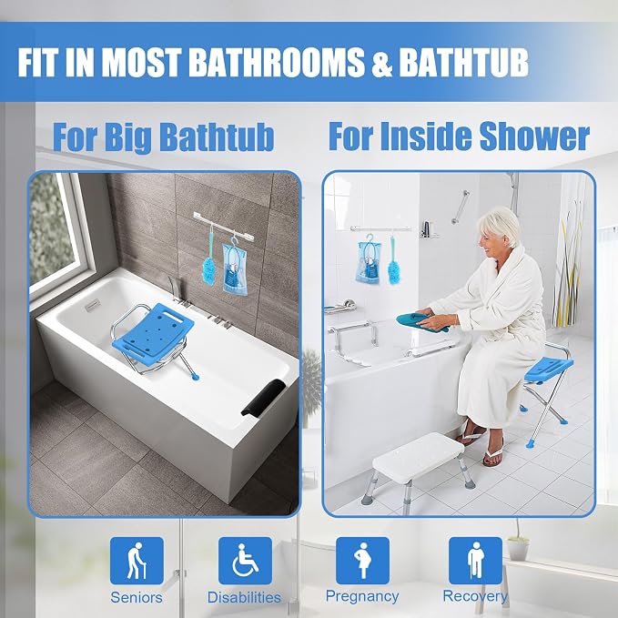 Folding Shower Chair Seat, 17.5" Stainless Steel Small Shower Chair for Inside Shower, 400lbs Portable Travel Shower Stool, Safety Anti-Slip Bath Chair for Seniors, Disabled, Blue