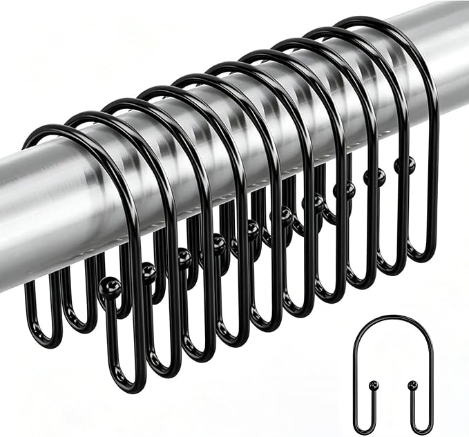 BBV Shower Curtain Hooks Rings, 12 Pcs Rust Resistant Metal Double Glide Shower Hooks for Bathroom Shower Rods Curtains (Black)