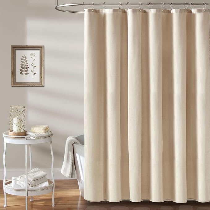 180x72 Linen Textured Waterproof Fabric Shower Curtain, Beige/Cream | Clawfoot Tub Size, 230GSM Polyester, Heavy Duty Cloth, Weighted Hem, 32 Plastic Hooks, Modern Hotel Style, Machine Washable