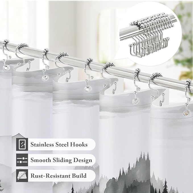 3 in 1 Black Forest Shower Curtain Set, Modern Spring Shower Curtain and PEVA Liner Set with 12 Stainless Steel Shower Curtain Hooks, Waterproof Fabric Shower Curtains for Bathroom, 72 W x 72 H
