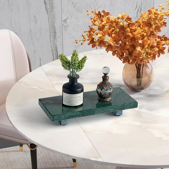 Natural Marble Tray Pedestal Stand, Stone Riser for Bathroom, Kitchen Sink | Stone pedestal riser, unique veining. Hand-polished, waterproof. Soap & vanity display. Perfume & candle catchall. Non-slip.