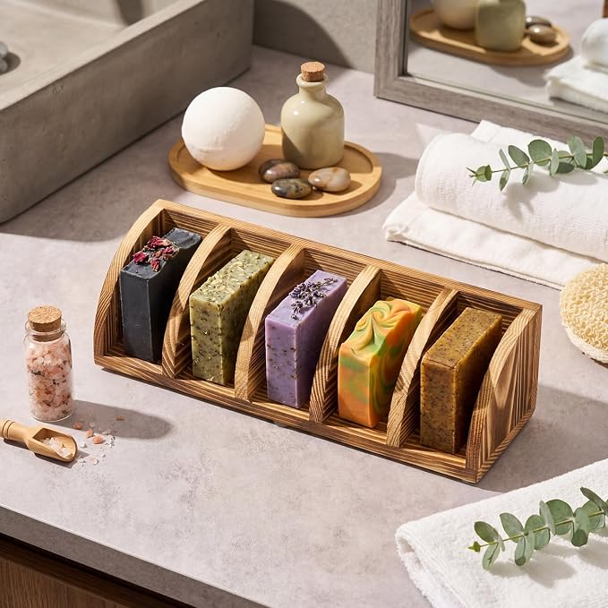 Wooden Shampoo Bar Holder Multi Bar Soap Dish with Self Draining, 5 Slot, Natural Soap Holder for Shower Conditioner Bathroom Organizer, Keep Dry and Neat, 10.24 x 3.35 x 3.15 inch