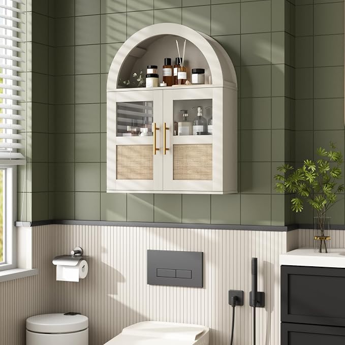 RUSTOWN Arched Bathroom Wall Cabinet with 2 Glass & Rattan Doors | Rattan Medicine Cabinet, Farmhouse Over the Toilet Storage Cabinet, Adjustable Shelves, 3-Tier Wall Mounted Cabinets