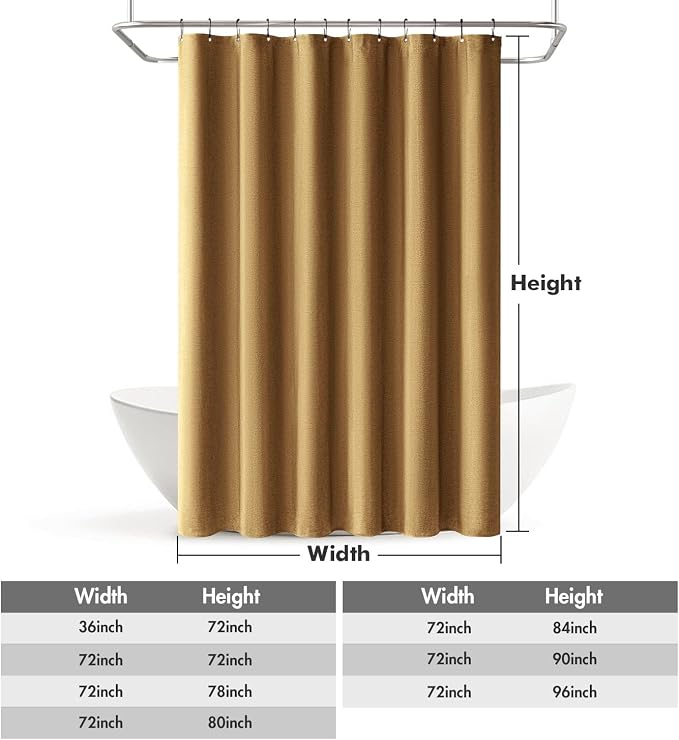 MIULEE 72 x 84 Extra Long Linen Shower Curtain Gold 12 Metal Hooks | Washable, Heavy Fabric Curtain Set, Waterproof Thick Cloth Shower Curtains, Bathroom Hotel Bathtub