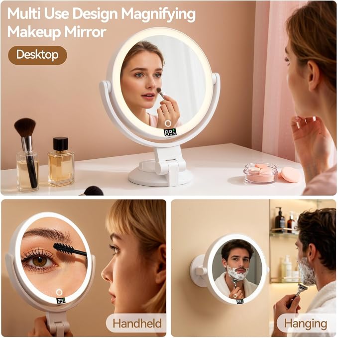 20X Magnifying Mirror Suction Cup with Lights, Wall Mounted Makeup Mirror | 2-Sided Vanity Mirror, 3 Color Lights & Brightness Adjustment, 360° Rotation, Rechargeable, Travel Mirror