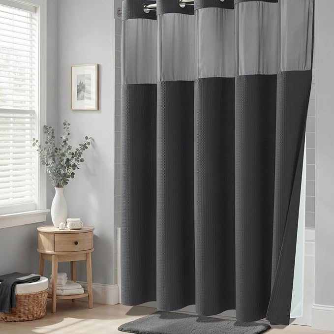 Charcoal Grey Hook Free Waffle Shower Curtain & Snap Liner,54x81 | Less Time to install, 3 in 1 Fabric Shower Curtain and Liner Set with Magnets, Stall, Long, Shower Curtains for Bathroom
