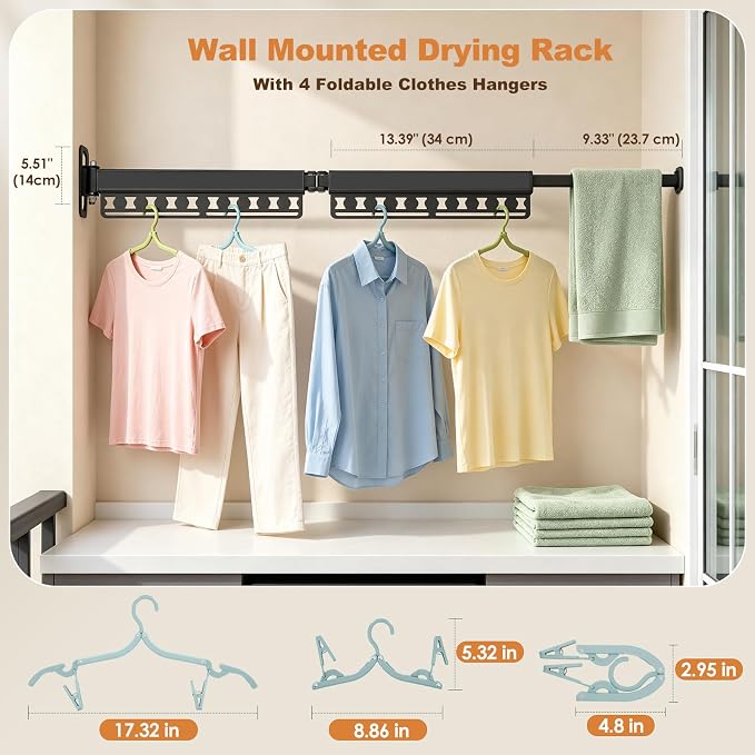 Wall Mounted Clothes Drying Rack Foldable & Space-Saving with 4 Hangers | Windproof Aluminum Laundry Drying Rack Clothing, Retractable Drying Racks for Laundry Room Balcony Bathroom, Indoor/Outdoor