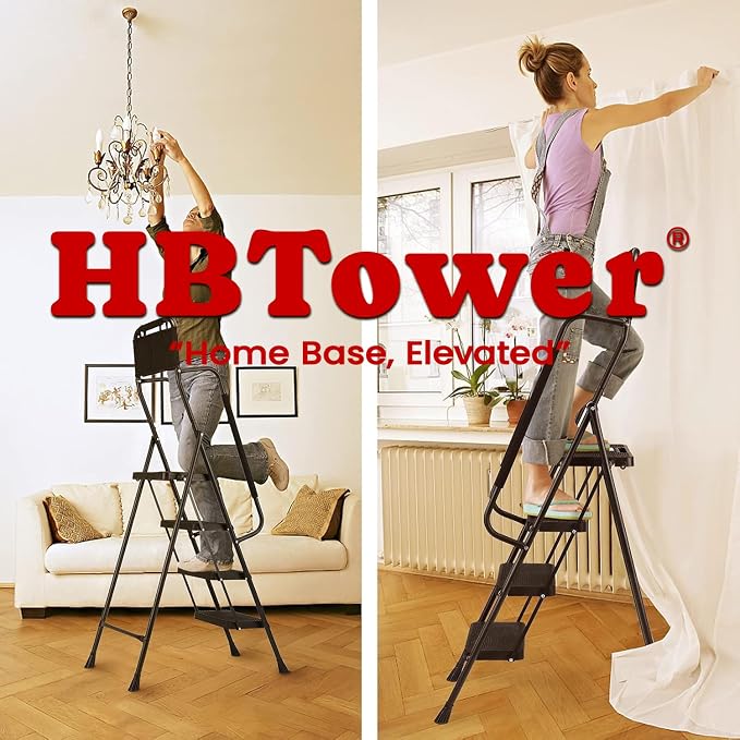 HBTower Step Ladder with Handrails, 4 Step Ladder with Attachable Tool Bag | Anti-Slip Wide Pedal for Home Kitchen Pantry Office, Black