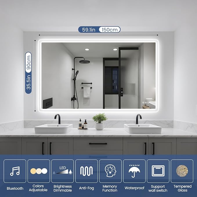 STARLEAD 59"x36" LED Bathroom Mirror with Bluetooth Speaker, 3 Color Temperature, Stepless Dimming, Anti-Fog, Touch Control, Wall-Mounted Vanity Mirror, Vertical or Horizontal