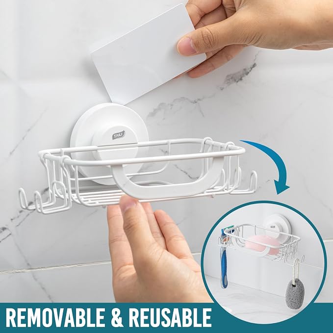 TAILI Soap Holder, Soap Dish Suction Cup with Hooks, Stainless Steel, White | Soap Dish for Shower, Bathroom Bar soap holder Shower Wall, Stainless Steel Sponge Holder for Tub Kitchen