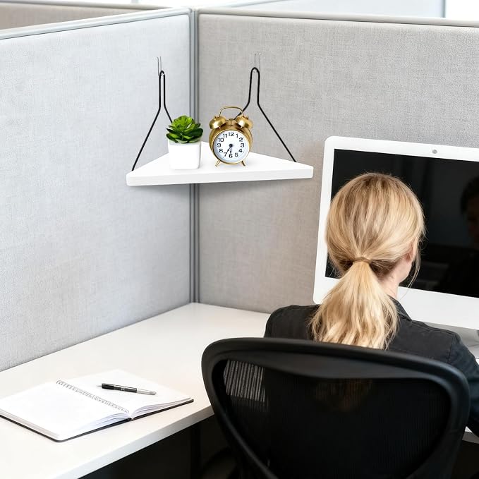 Fabric Wall Cubicle Corner Shelf with Hooks 11.8 Inch Wooden Triangular Cubicle Corner Shelf for Office Fabric Walls Display Storage Hanging Organizer for Work Decor Small Planter(White,1 PCS)