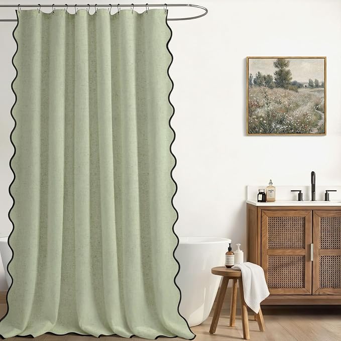 Scalloped Shower Curtain Linen Boho Flax Green 72" W x 72" L | Linen Fabric, Black Border, Washable, Heavy Duty Cloth, Shower Curtain for Boho Farmhouse Bathroom Bathtub