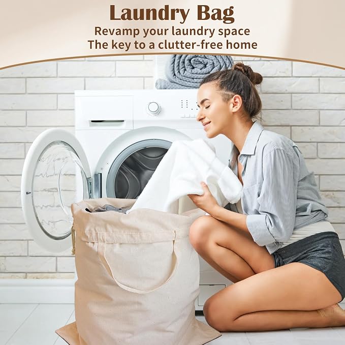 Cotton Canvas Laundry Bag with Handles & Drawstring, XL 33"Wx 35"H, Natural | Extra Large Heavy Duty Washable Basket Liner Hamper Liner Replacement, Thick Cotton Storage Sack, 1Pack