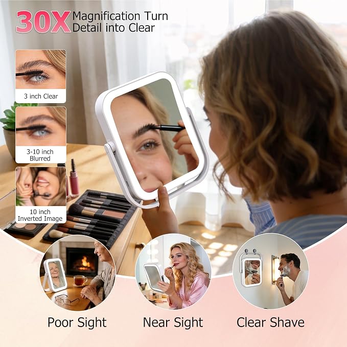 FUNTOUCH 3000mAh Rechargeable Travel Magnifying Mirror with Light,White | 2-Sided 30X Magnifying travel makeup mirror with 3-Color Lighting, Dimmable Touch Screen,Compact Vanity Mirror for Women Gift