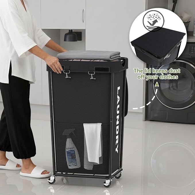 Laundry Hamper with Wheels and Lid, 110L Large Rolling Laundry Basket Black | Heavy Duty Clothes Organizer, Sturdy Metal Frame, Lockable Swivel Casters, Removable Bag, For Bedroom, Bathroom, Laundry Room