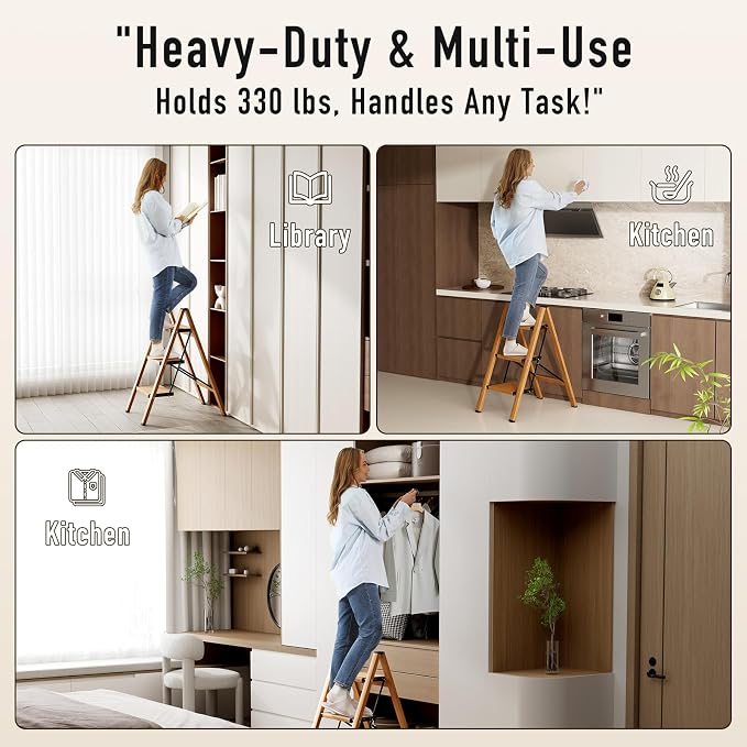Mayi Plus 3 Step Stool Foldable, Aluminum, Lightweight Step Ladder | Extra-wide anti-slip folding steps with 330 lbs, for home,kitchen,office,outdoor,Woodgrain
